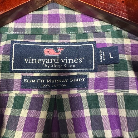 Vineyard Vines Shirt Mens Large Slim Fit Murray Button Down Purple Plaid Pocket - Picture 4 of 7